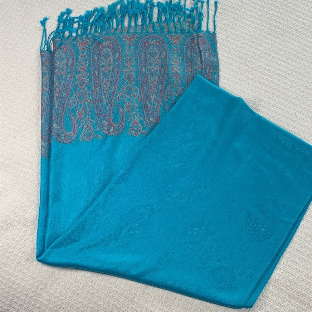 Turquoise pink and gold pashmina scarf/ shawl